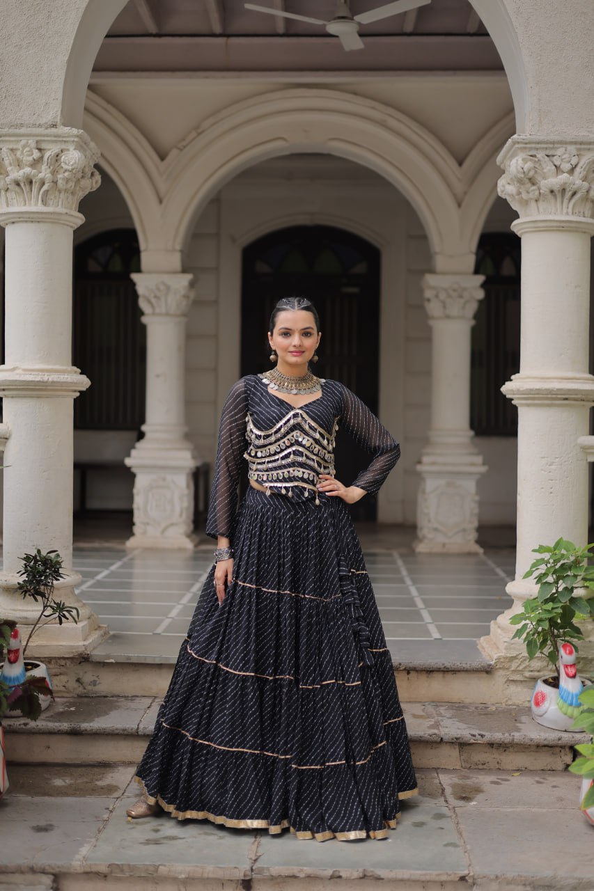 Black Navratri Special Leheriya Print Lehenga Choli with 12 Mtr Flair & Mirror Lace Work ClothsVilla