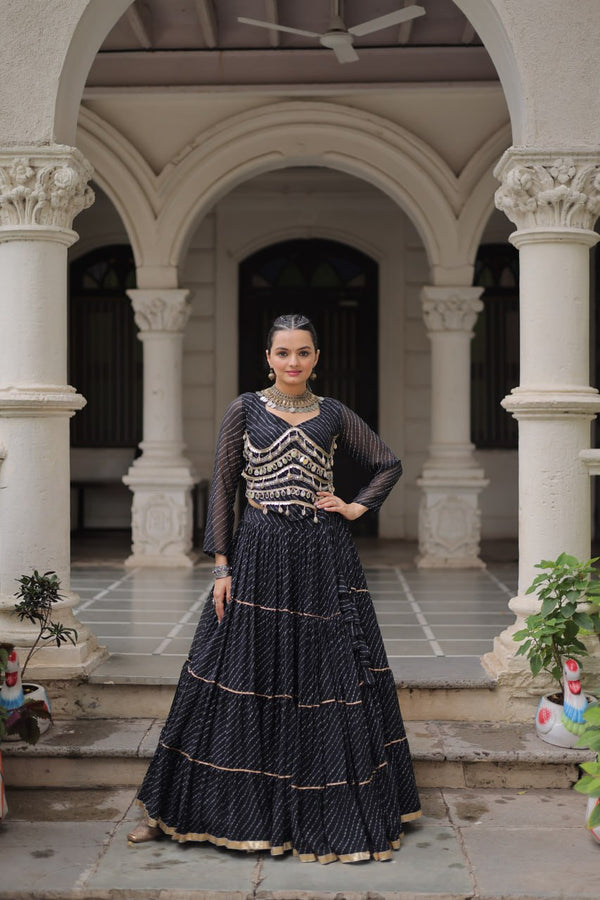 Black Navratri Special Leheriya Print Lehenga Choli with 12 Mtr Flair & Mirror Lace Work ClothsVilla