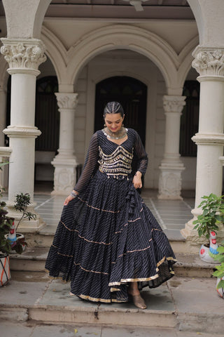 Black Navratri Special Leheriya Print Lehenga Choli with 12 Mtr Flair & Mirror Lace Work ClothsVilla