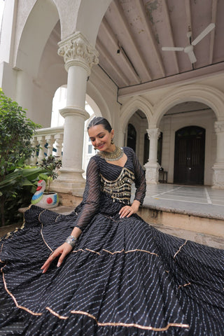 Black Navratri Special Leheriya Print Lehenga Choli with 12 Mtr Flair & Mirror Lace Work ClothsVilla