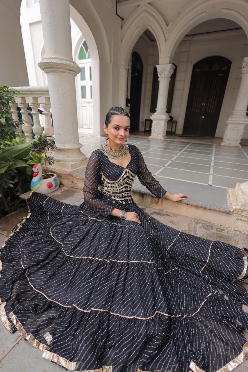 Black Navratri Special Leheriya Print Lehenga Choli with 12 Mtr Flair & Mirror Lace Work ClothsVilla
