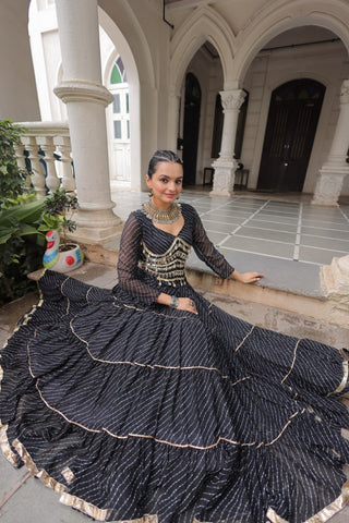 Black Navratri Special Leheriya Print Lehenga Choli with 12 Mtr Flair & Mirror Lace Work ClothsVilla