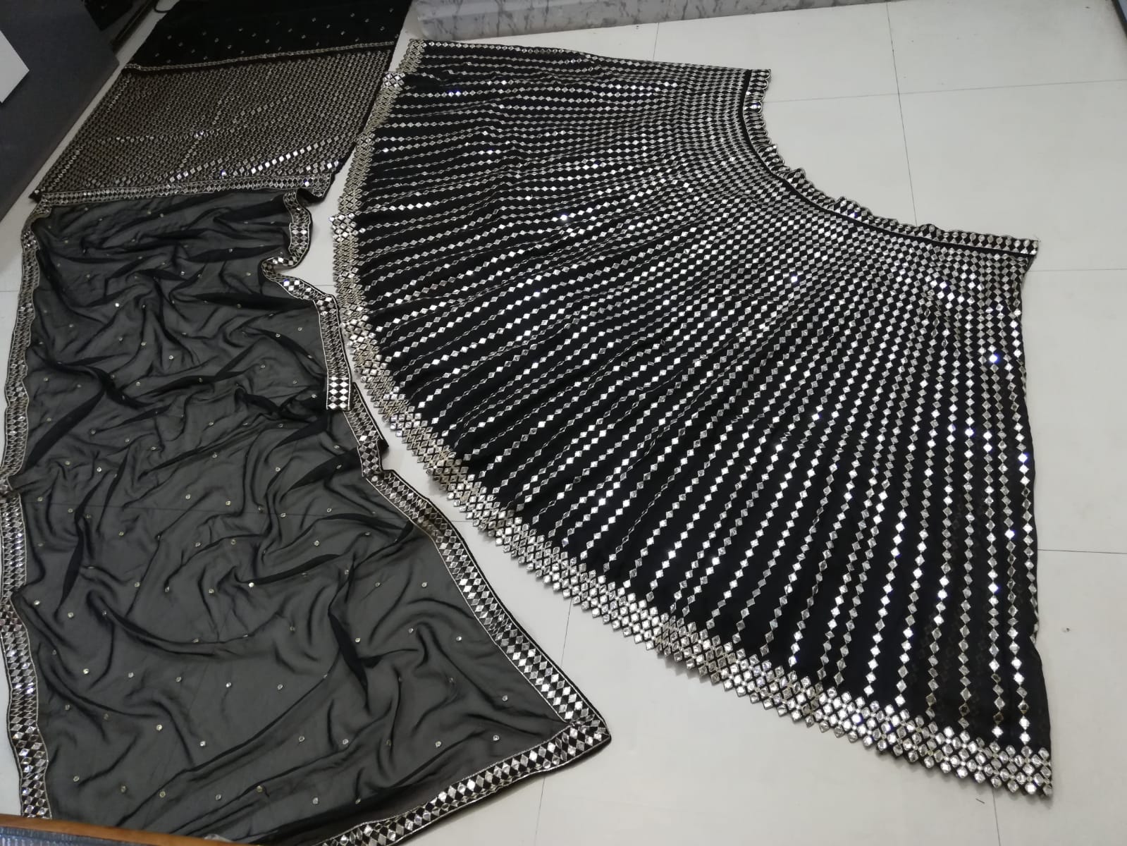 Black Organza Silk Lehenga Set with Paper Mirror & Zari Embroidery – Semi-Stitched with Dupatta ClothsVilla