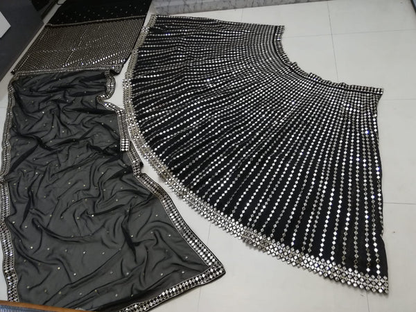 Black Organza Silk Lehenga Set with Paper Mirror & Zari Embroidery – Semi-Stitched with Dupatta ClothsVilla