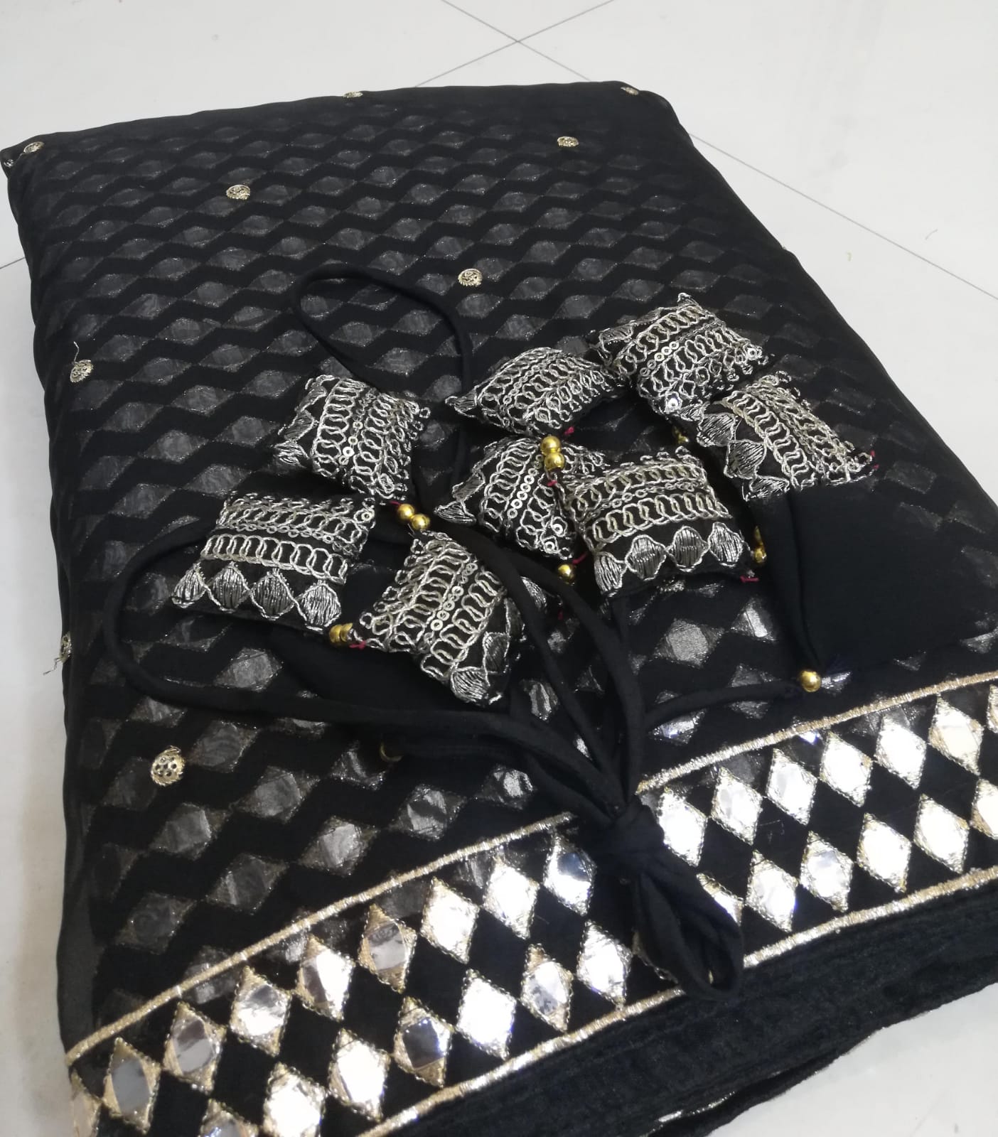 Black Organza Silk Lehenga Set with Paper Mirror & Zari Embroidery – Semi-Stitched with Dupatta ClothsVilla