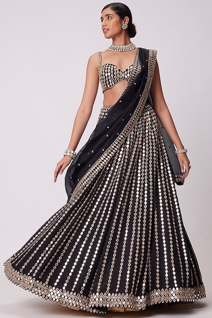 Black Organza Silk Lehenga Set with Paper Mirror & Zari Embroidery – Semi-Stitched with Dupatta ClothsVilla