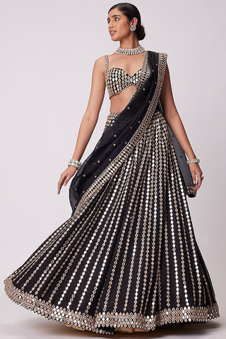 Black Organza Silk Lehenga Set with Paper Mirror & Zari Embroidery – Semi-Stitched with Dupatta ClothsVilla