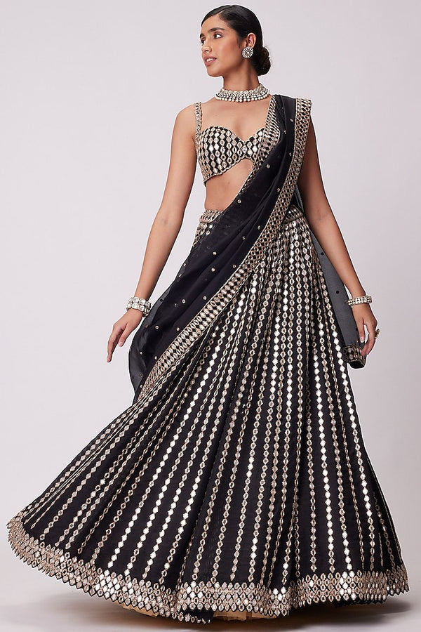 Black Organza Silk Lehenga Set with Paper Mirror & Zari Embroidery – Semi-Stitched with Dupatta ClothsVilla