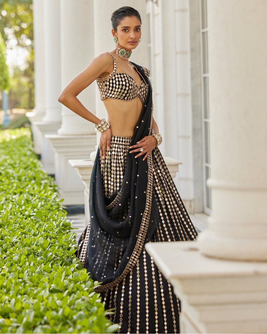 Black Organza Silk Lehenga Set with Paper Mirror & Zari Embroidery – Semi-Stitched with Dupatta ClothsVilla