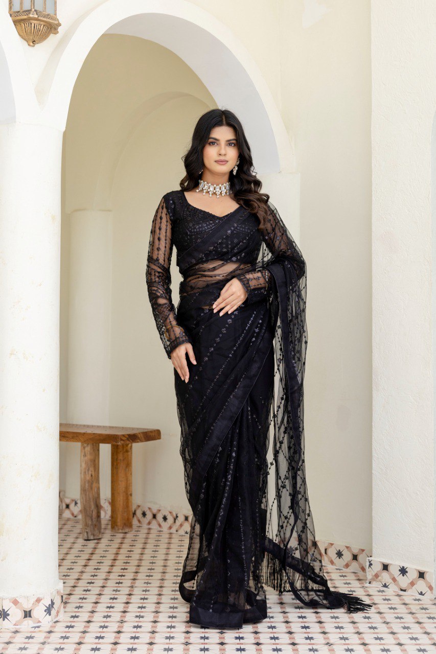 Black Soft Mono Net Sequins Embroidered Saree with Unstitched Blouse Piece ClothsVilla