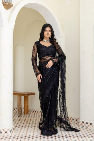 Black Soft Mono Net Sequins Embroidered Saree with Unstitched Blouse Piece ClothsVilla