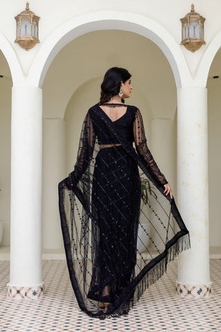 Black Soft Mono Net Sequins Embroidered Saree with Unstitched Blouse Piece ClothsVilla