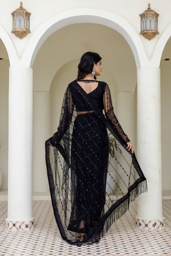 Black Soft Mono Net Sequins Embroidered Saree with Unstitched Blouse Piece ClothsVilla