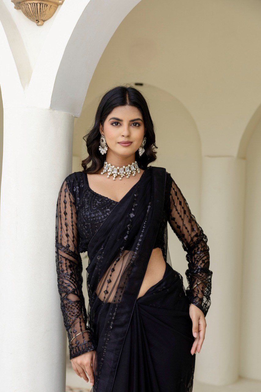 Black Soft Mono Net Sequins Embroidered Saree with Unstitched Blouse Piece ClothsVilla