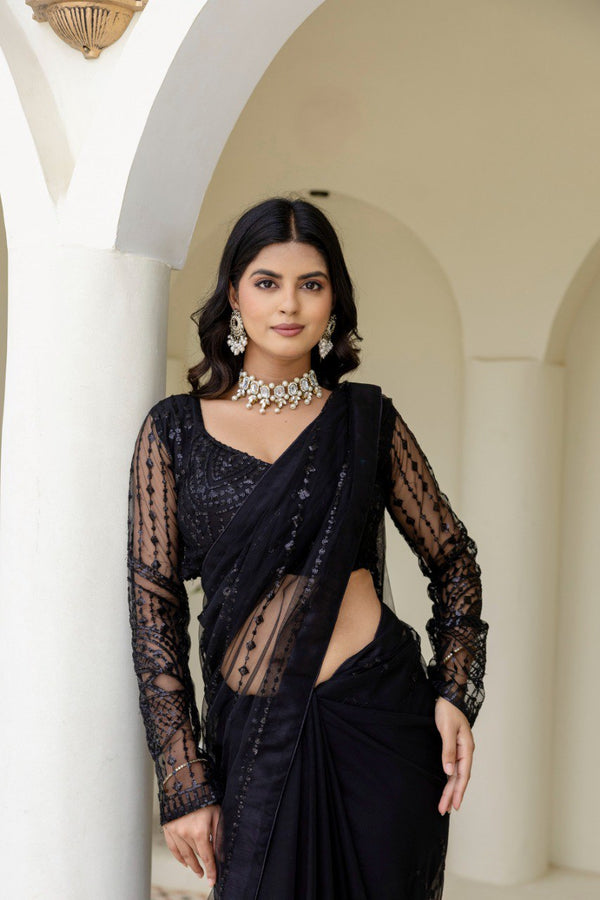 Black Soft Mono Net Sequins Embroidered Saree with Unstitched Blouse Piece ClothsVilla