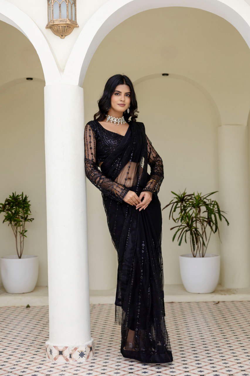 Black Soft Mono Net Sequins Embroidered Saree with Unstitched Blouse Piece ClothsVilla