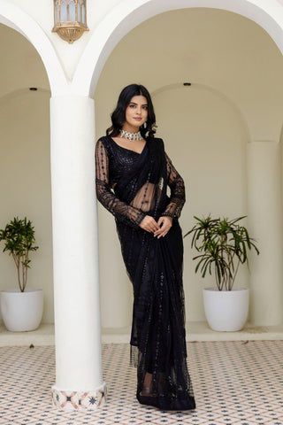 Black Soft Mono Net Sequins Embroidered Saree with Unstitched Blouse Piece ClothsVilla