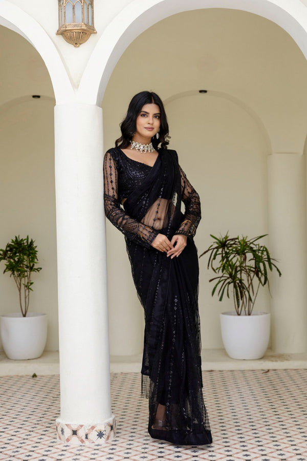 Black Soft Mono Net Sequins Embroidered Saree with Unstitched Blouse Piece ClothsVilla