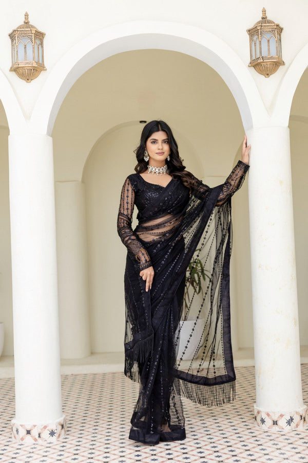Black Soft Mono Net Sequins Embroidered Saree with Unstitched Blouse Piece ClothsVilla