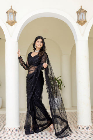 Black Soft Mono Net Sequins Embroidered Saree with Unstitched Blouse Piece ClothsVilla