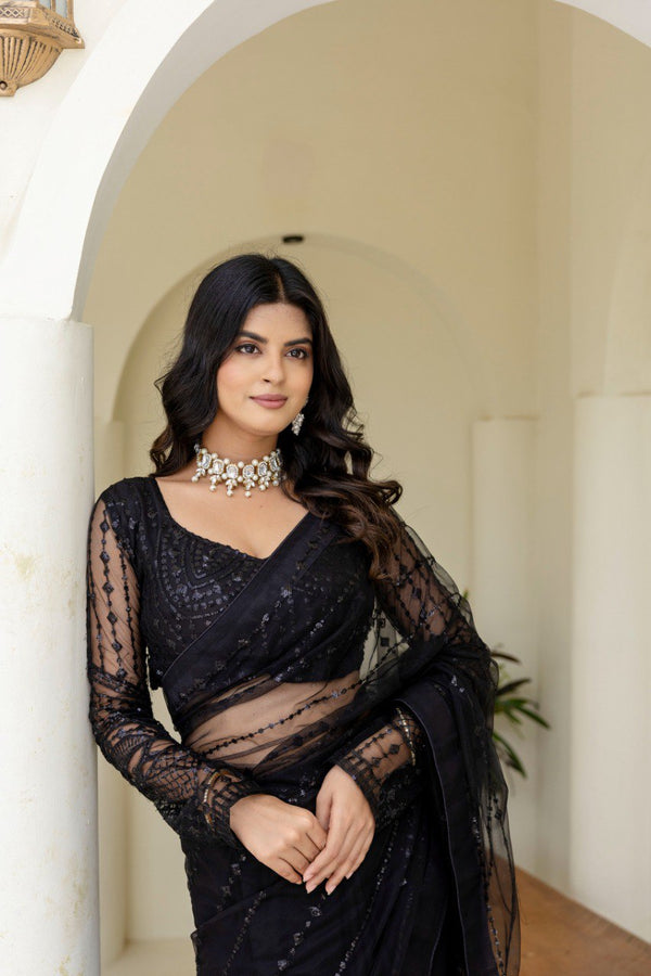 Black Soft Mono Net Sequins Embroidered Saree with Unstitched Blouse Piece ClothsVilla