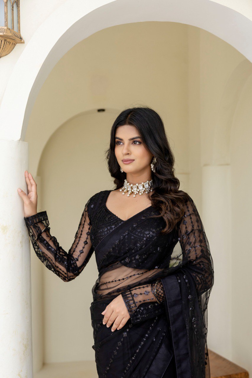 Black Soft Mono Net Sequins Embroidered Saree with Unstitched Blouse Piece ClothsVilla