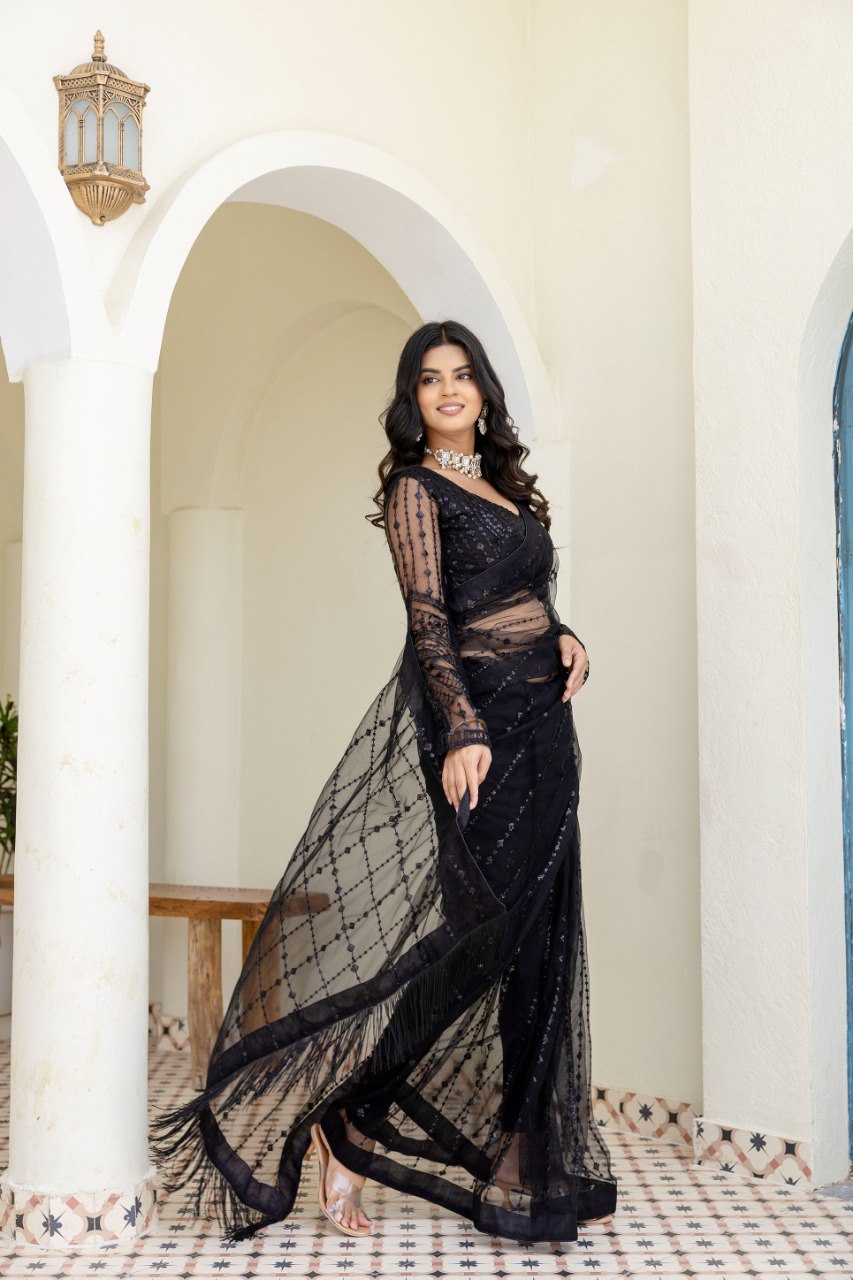 Black Soft Mono Net Sequins Embroidered Saree with Unstitched Blouse Piece ClothsVilla