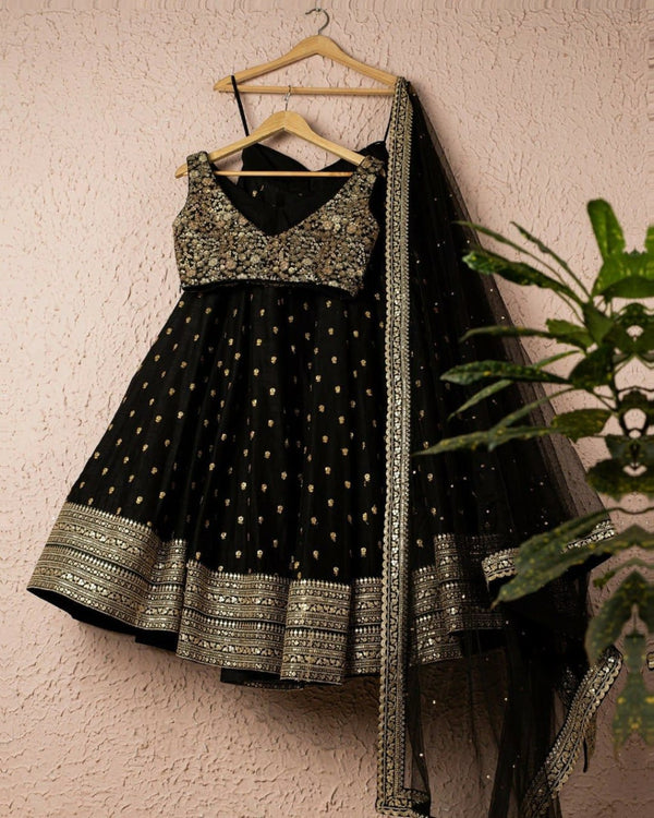 Black Soft Net Designer Lehenga Set with Heavy Zari, Dori & Sequins Work – Semi-Stitched Lehenga, Unstitched Art Silk Blouse & Net Dupatta ClothsVilla