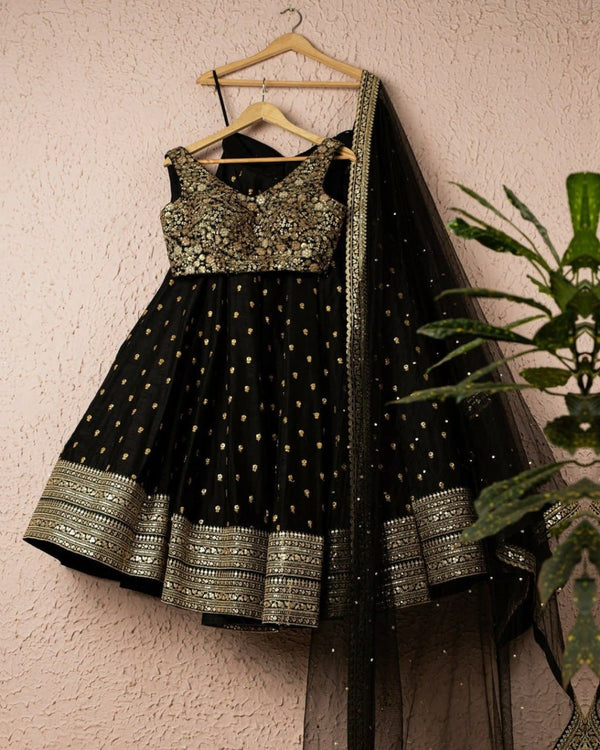 Black Soft Net Designer Lehenga Set with Heavy Zari, Dori & Sequins Work – Semi-Stitched Lehenga, Unstitched Art Silk Blouse & Net Dupatta ClothsVilla