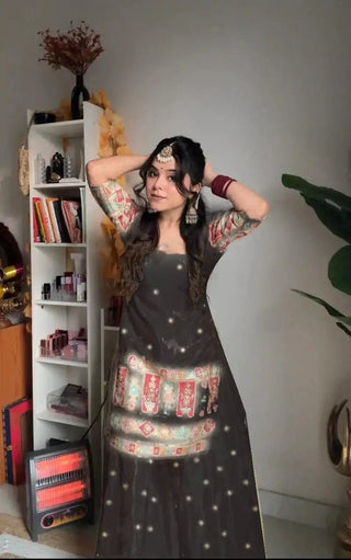 Elegant Heavy Chinnon Silk Embroidered Sharara Set – Top, Palazzo & Dupatta ClothsVilla