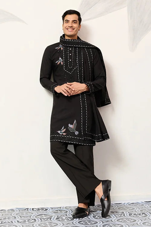 Black Stylish Trending Kurta with Dupatta for Mens Wear Clothsvilla