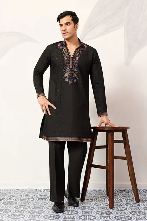Party Wear Black V Neck Style Kurta Pant for Mens Wear Clothsvilla Main image