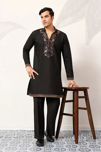 Party Wear Black V Neck Style Kurta Pant for Mens Wear Clothsvilla