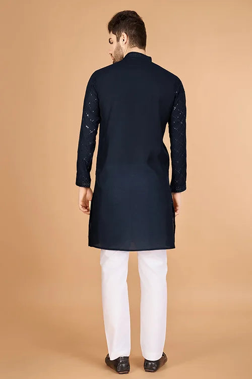Navy Viscose Fabric Embroidered Traditional Kurta for Mens Wear Clothsvilla