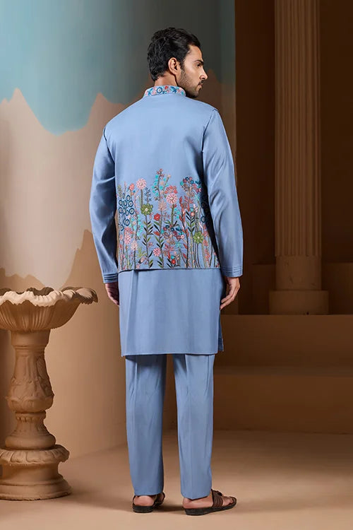 Vibrant Sky Blue Koti Kurta Pajama for Mens Outfits Clothsvilla