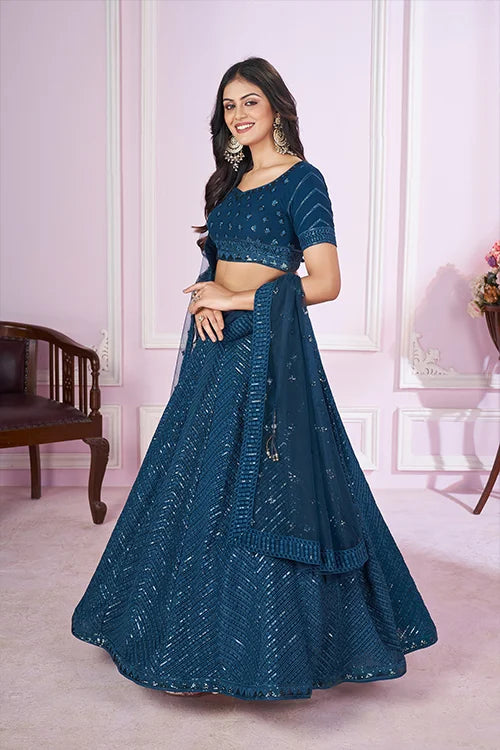 Stylish Blue Georgette Lehenga Choli with Net Dupatta Clothsvilla