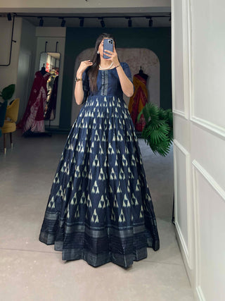 Navy Blue Color Dola Silk Printed Gown with Exquisite Zari Border ClothsVilla