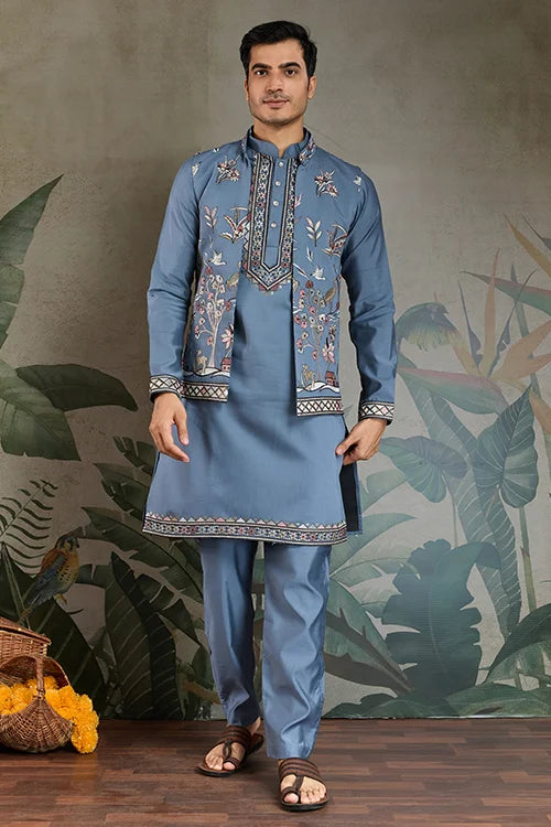 Blue Gray Open Koti Style Full Kurta Pajama Set for Men Clothsvilla