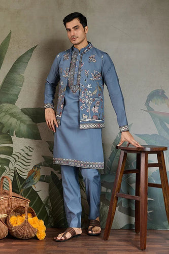 Blue Gray Open Koti Style Full Kurta Pajama Set for Men Clothsvilla
