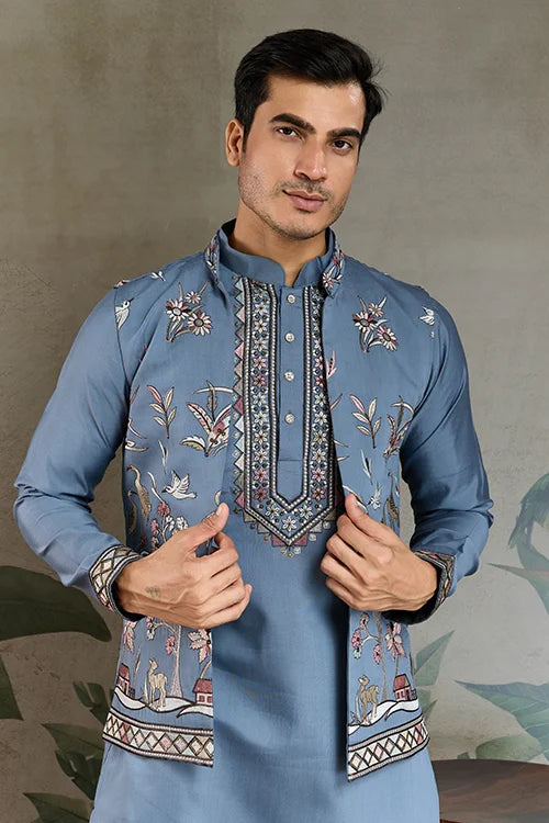 Blue Gray Open Koti Style Full Kurta Pajama Set for Men Clothsvilla
