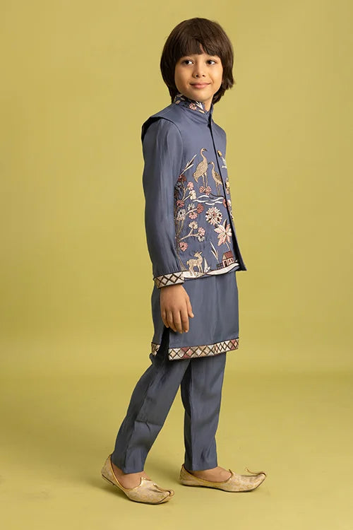 Wedding Special Kids Blue Grey Koti Kurta Outfit Clothsvilla