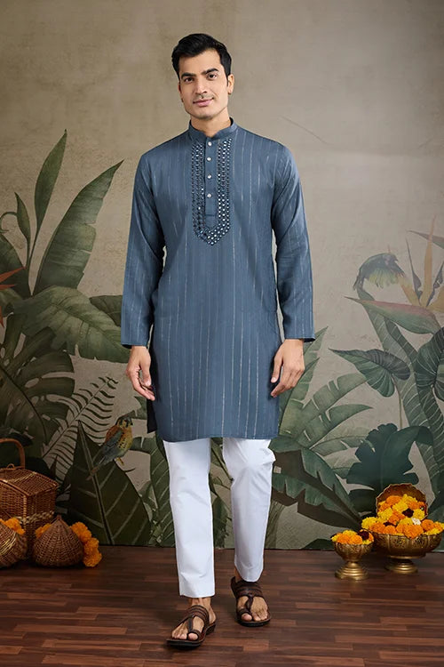 Diwali Special Blue Grey Viscose Silk Kurta with Mirror Work Clothsvilla