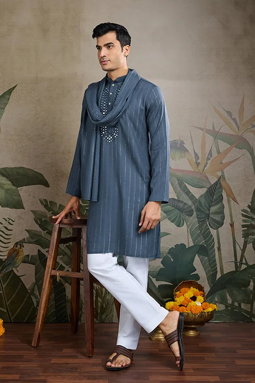 Diwali Special Blue Grey Viscose Silk Kurta with Mirror Work Clothsvilla