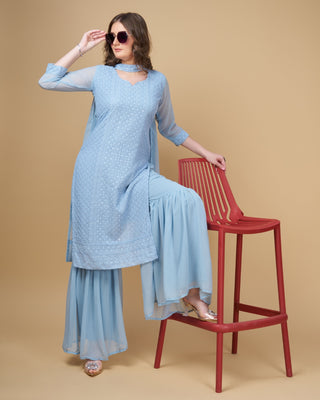 Stunning Faux Georgette Sharara Kurti Dupatta Set - Embroidered Elegance ClothsVilla
