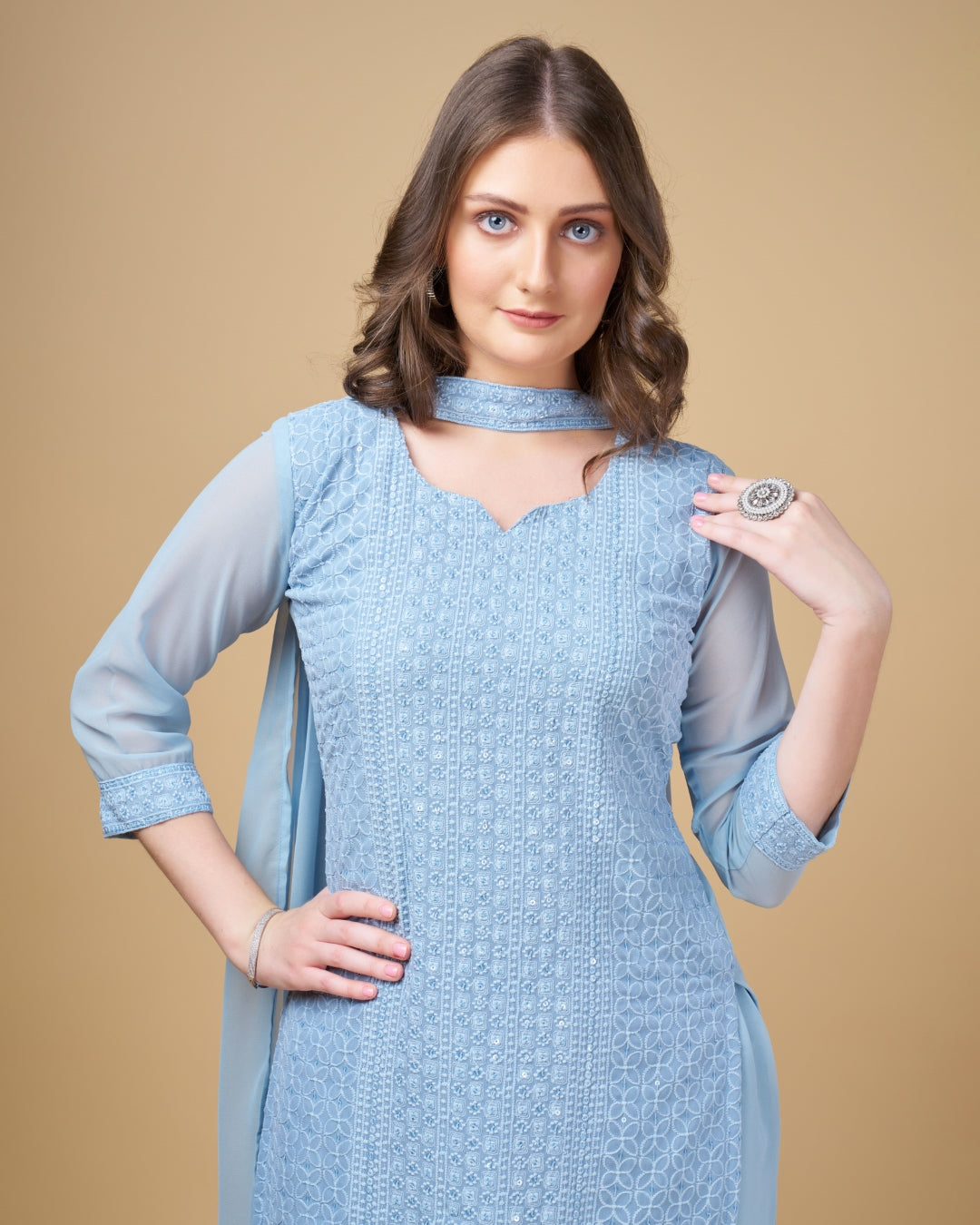 Stunning Faux Georgette Sharara Kurti Dupatta Set - Embroidered Elegance ClothsVilla