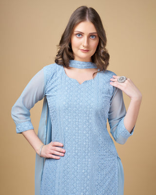 Stunning Faux Georgette Sharara Kurti Dupatta Set - Embroidered Elegance ClothsVilla