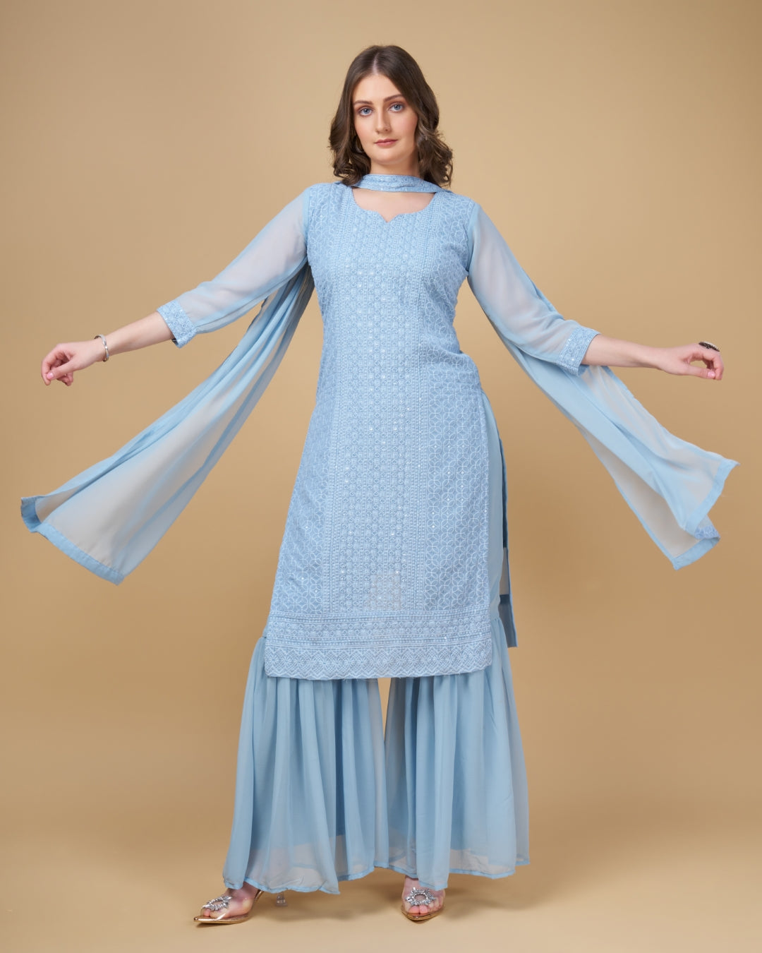Stunning Faux Georgette Sharara Kurti Dupatta Set - Embroidered Elegance ClothsVilla
