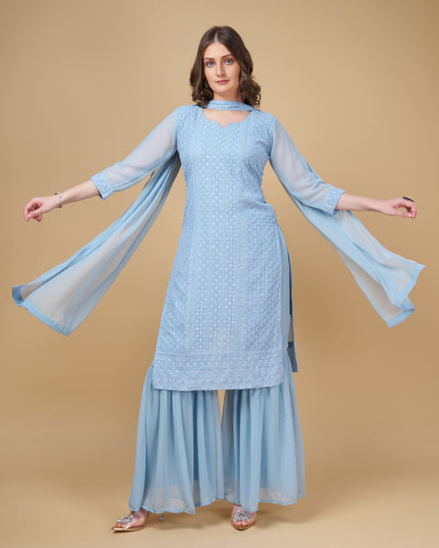 Stunning Faux Georgette Sharara Kurti Dupatta Set - Embroidered Elegance ClothsVilla Main image
