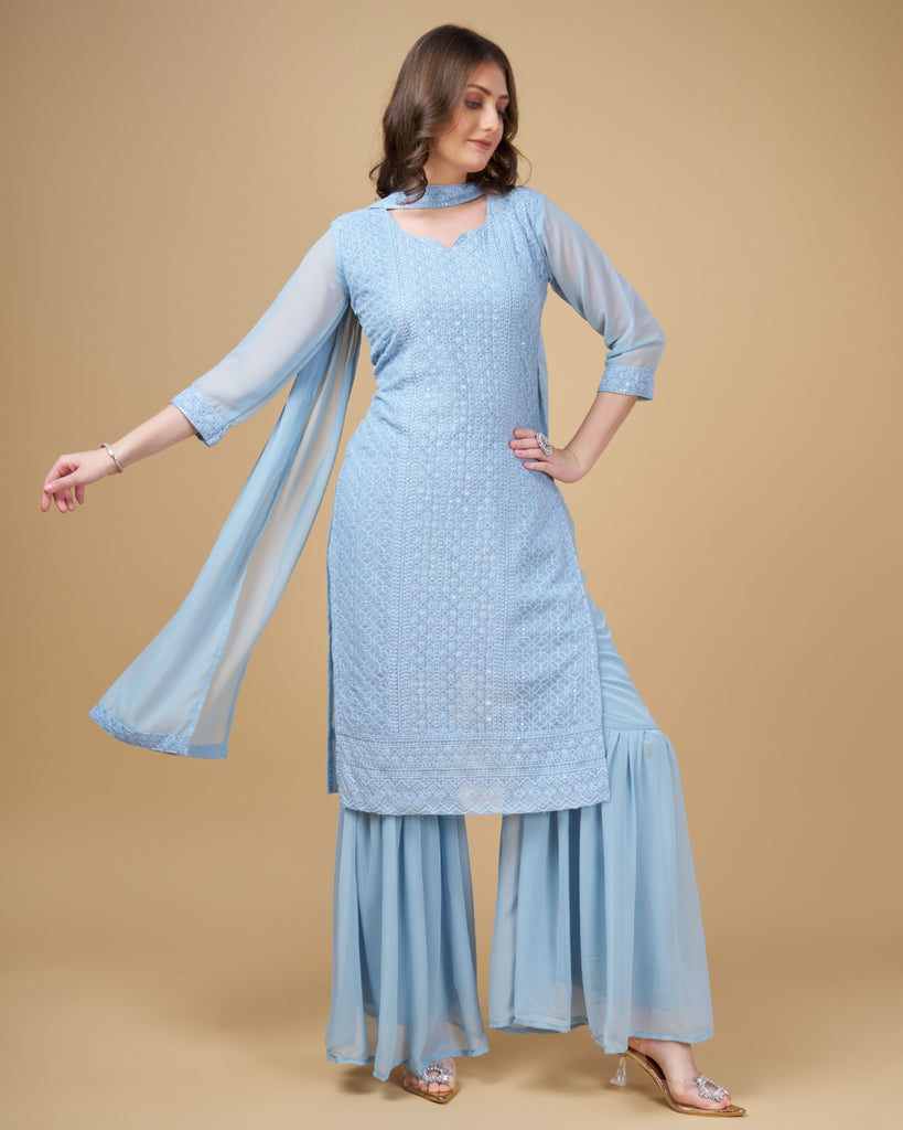 Stunning Faux Georgette Sharara Kurti Dupatta Set - Embroidered Elegance ClothsVilla