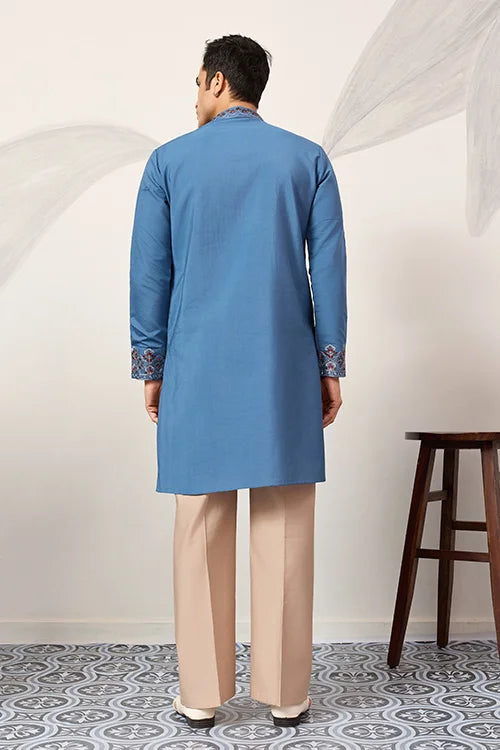 Wedding Royal Look Blue Kurta with Dupatta for Mens Wear Clothsvilla